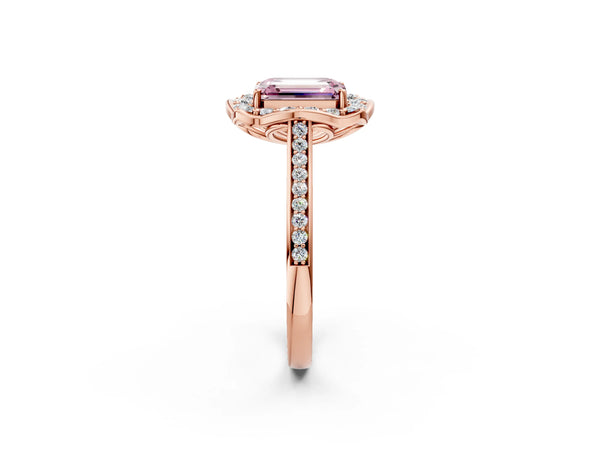 Rose Gold Emerald Cut Petal-Tip Halo Pave Engagement Ring Setting for Fancy Pink Center