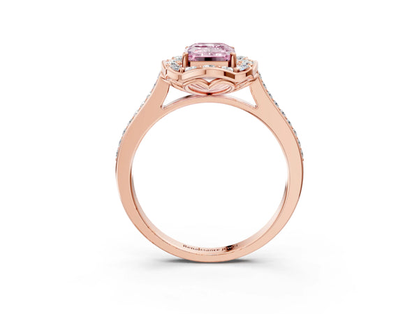 Rose Gold Emerald Cut Petal-Tip Halo Pave Engagement Ring Setting for Fancy Pink Center
