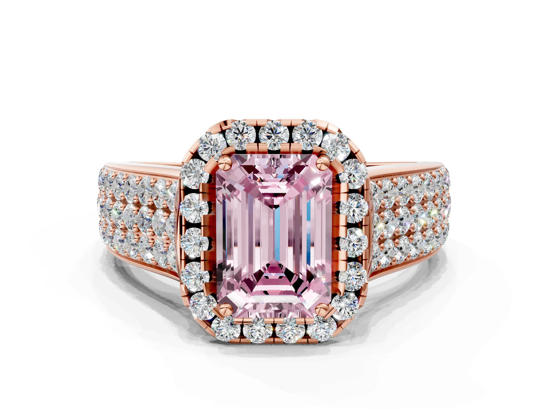 Rose gold Fancy Pink Emerald  Halo Round Diamond Pave Band with Prong Setting
