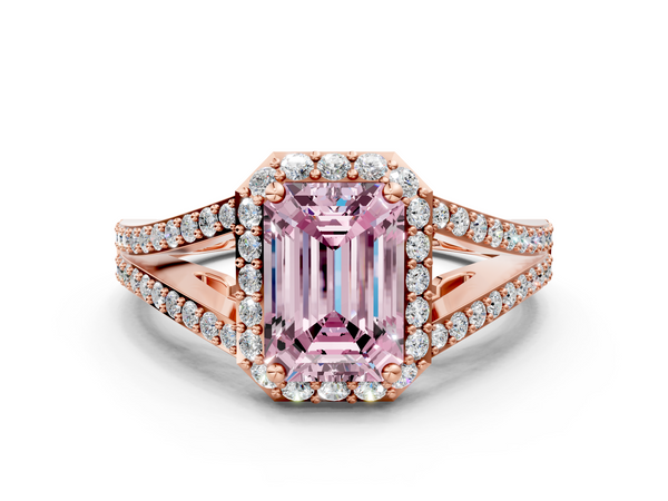 Rose gold Fancy Pink Emerald  Halo Split Shank Diamond Ring with Prong Setting