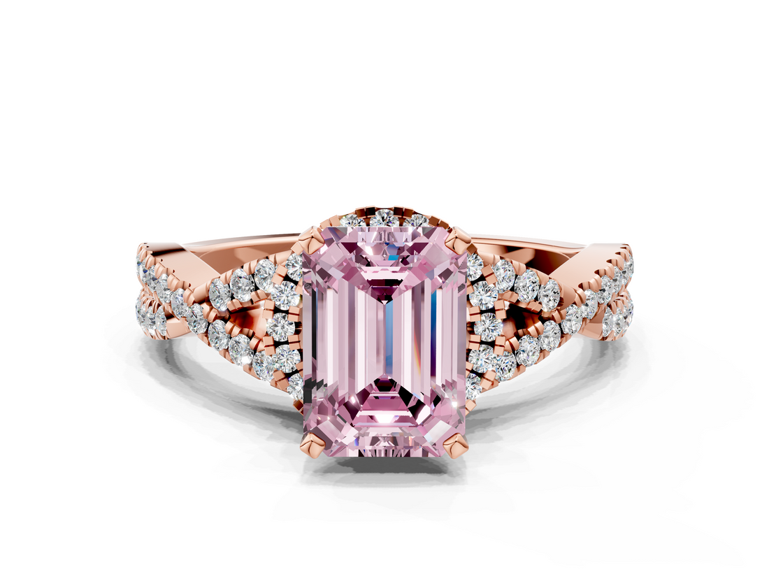 Rose gold Fancy Pink Emerald  Halo Twist Band Solitaire Prong Setting Ring_61