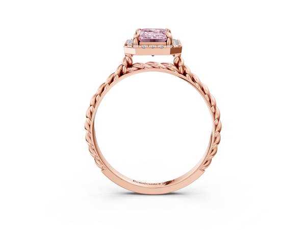 Rose gold Fancy Pink Emerald  Halo Twisted Band Four-Prong Diamond Ring