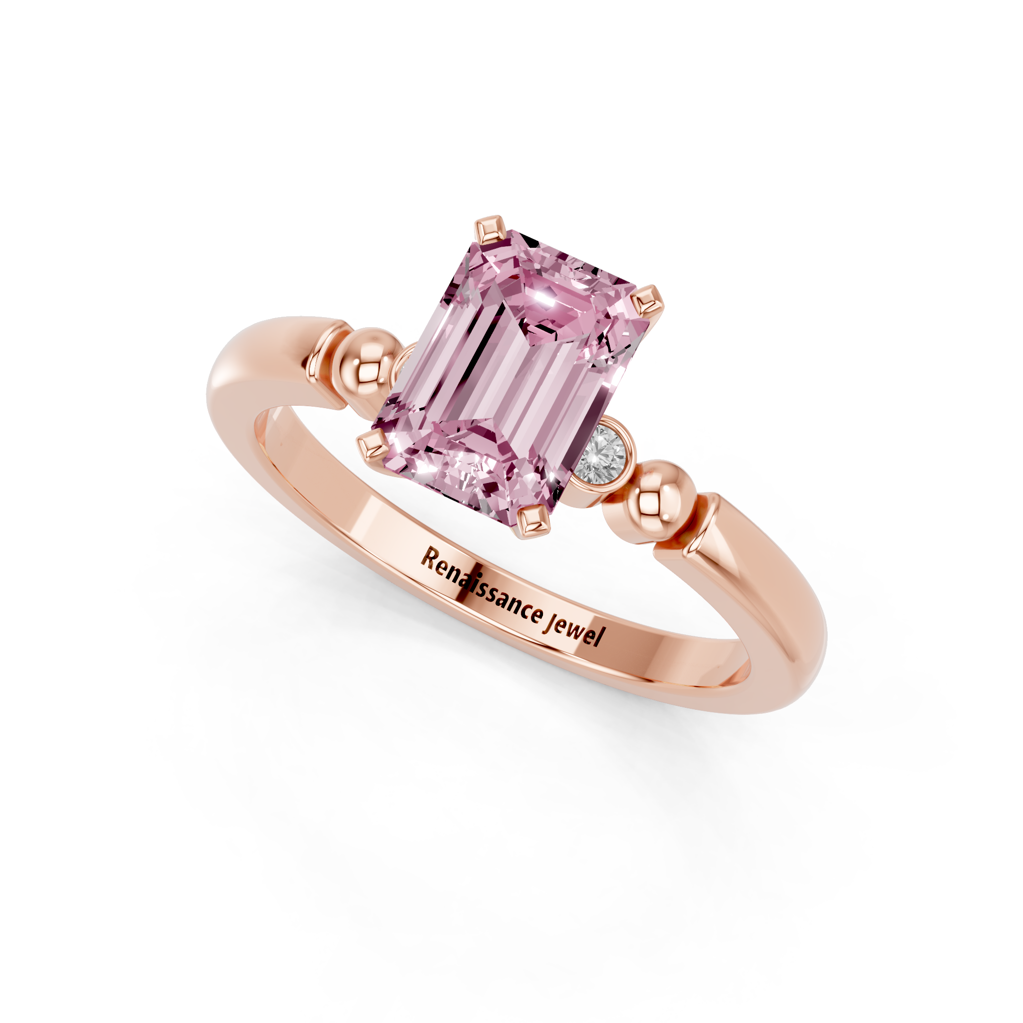 Rose gold Fancy Pink Emerald  Solitaire Beaded Band with Four-Prong Setting_3