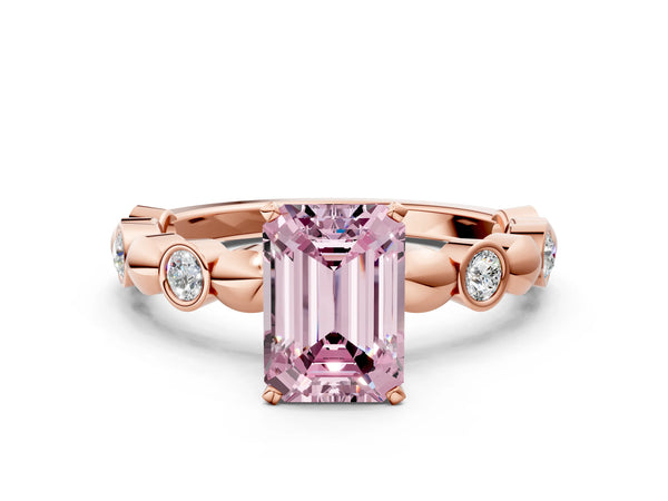 Rose Gold Emerald Cut Engagement Ring Setting for Fancy Pink Center with Bezel Station Beaded Band