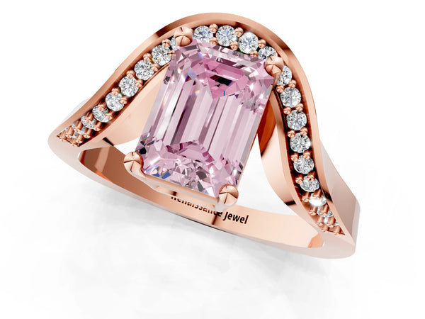 Rose gold Fancy Pink Emerald  Solitaire Diamond Engagement Ring with Pave Band and Four-Prong Setting