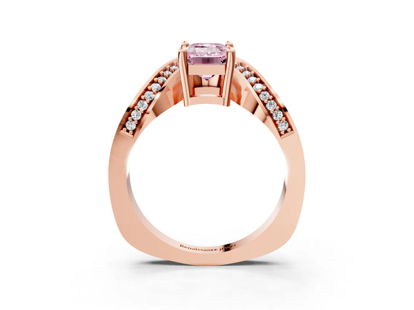 Rose gold Fancy Pink Emerald  Solitaire Diamond Engagement Ring with Pave Band and Four-Prong Setting