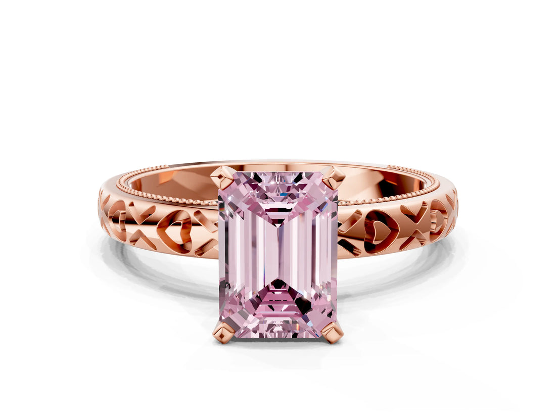 Rose gold Fancy Pink Emerald  Solitaire Diamond Engagement Ring with XO Engraved Band and Four-Prong Setting 1