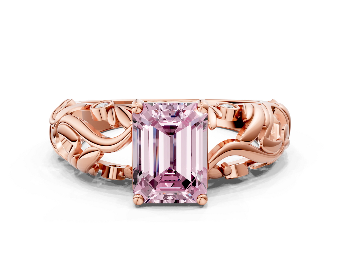 Rose gold Fancy Pink Emerald  Solitaire Diamond Leaf Vine Band with Prong Setting_28