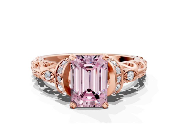 Rose gold Fancy Pink Emerald Cut Diamond Solitaire Ring with Filigree Band and Four-Prong Setting
