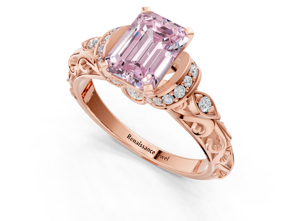 Rose gold Fancy Pink Emerald Cut Diamond Solitaire Ring with Filigree Band and Four-Prong Setting