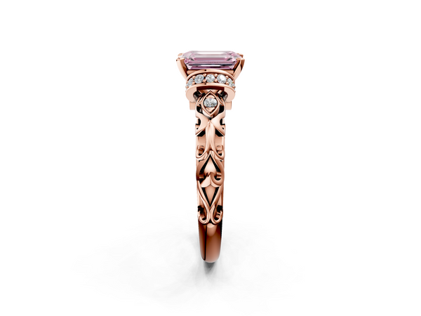 Rose gold Fancy Pink Emerald Cut Diamond Solitaire Ring with Filigree Band and Four-Prong Setting