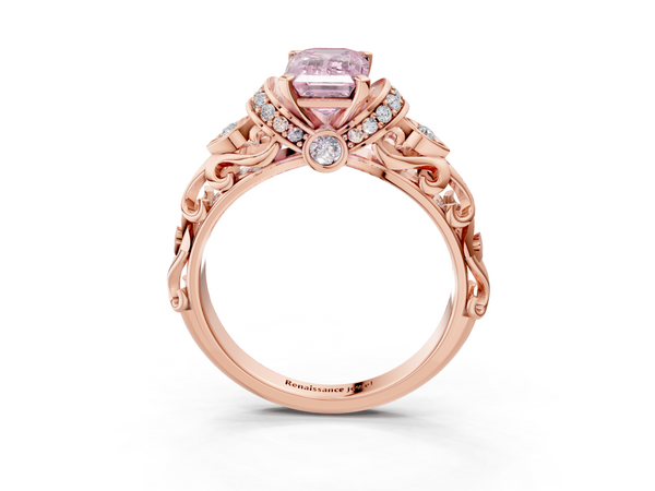 Rose gold Fancy Pink Emerald Cut Diamond Solitaire Ring with Filigree Band and Four-Prong Setting