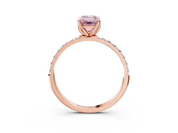 Rose gold Fancy Pink Emerald Cut Diamond Solitaire Engagement Ring with Round  Pavé Band and Prong Setting