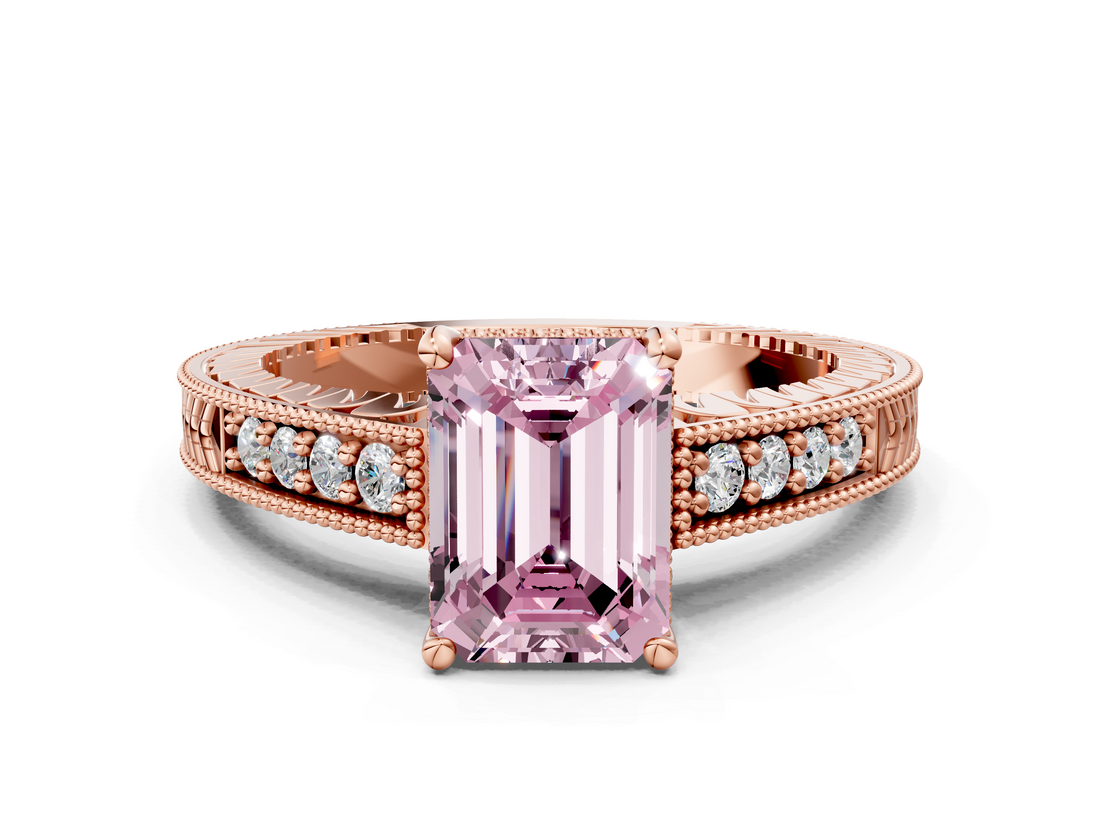 Rose gold Fancy Pink Emerald  Solitaire Pavé Diamond Milgrain Engagement Ring with Four-Prong Setting_3
