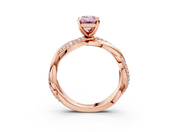 Rose gold Fancy Pink Emerald  Solitaire Twist Band with Pave Prong Setting