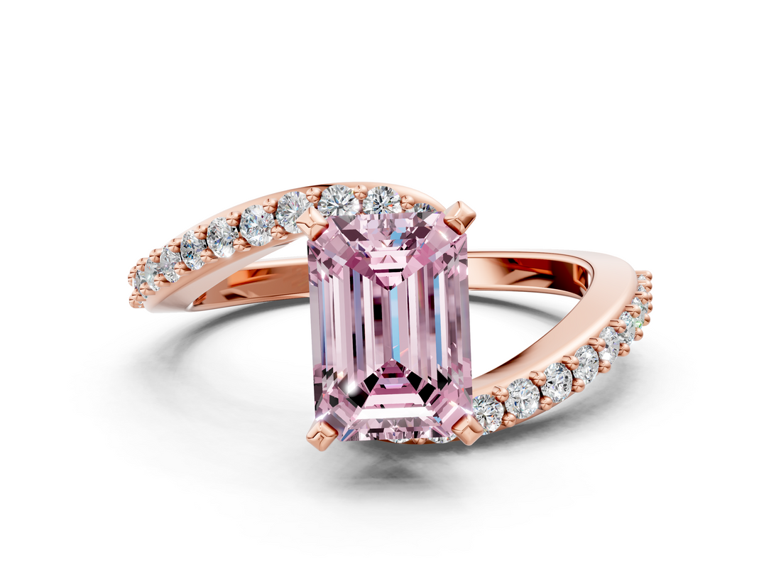 Rose gold Fancy Pink Emerald  Solitaire Twist Band with Pave Set Diamonds and Four-Prong Setting_132