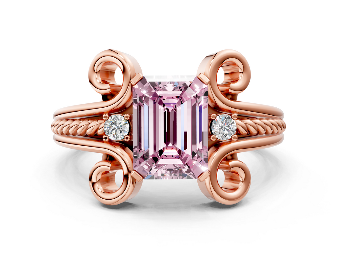 Rose gold Fancy Pink Emerald  Solitaire Twisted Band Scroll Prong Ring_3