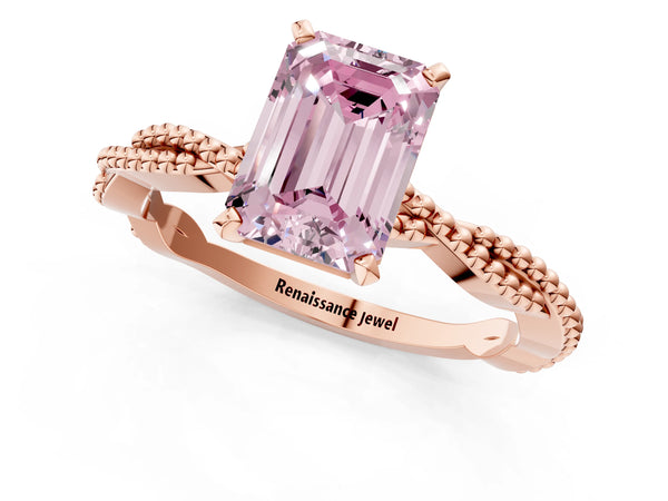 Rose gold Fancy Pink Emerald  Solitaire Twisted Band with Bead Prong Setting