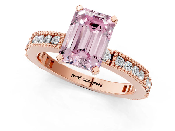 Rose gold Fancy Pink Emerald  Solitaire with Pavé Band and Four-Prong Setting
