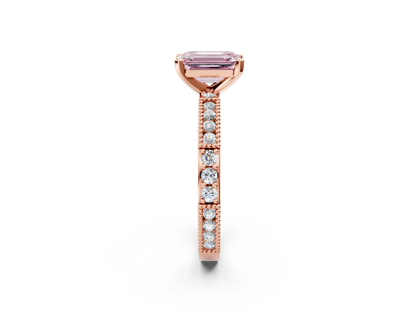 Rose gold Fancy Pink Emerald  Solitaire with Pavé Band and Four-Prong Setting