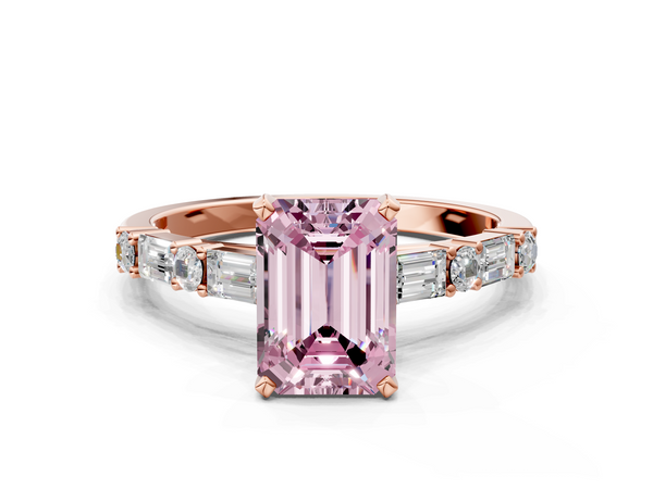 Rose gold Fancy Pink Emerald Cut Diamond Solitaire with Side Baguettes and Channel Set Band