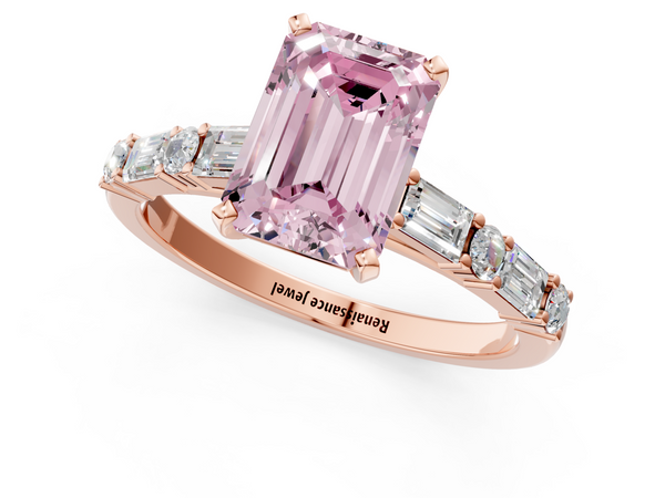 Rose gold Fancy Pink Emerald Cut Diamond Solitaire with Side Baguettes and Channel Set Band
