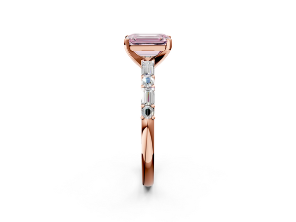 Rose gold Fancy Pink Emerald Cut Diamond Solitaire with Side Baguettes and Channel Set Band