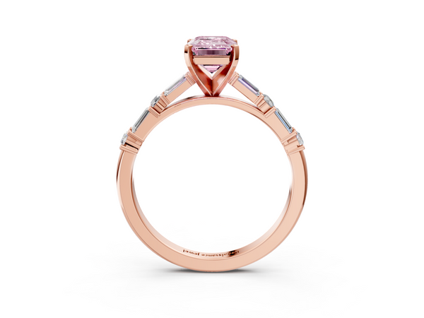 Rose gold Fancy Pink Emerald Cut Diamond Solitaire with Side Baguettes and Channel Set Band
