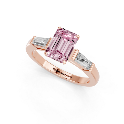 Rose gold Fancy Pink Emerald  Solitaire with Tapered Baguette Side Stones on a Classic Band with Four-Prong Setting