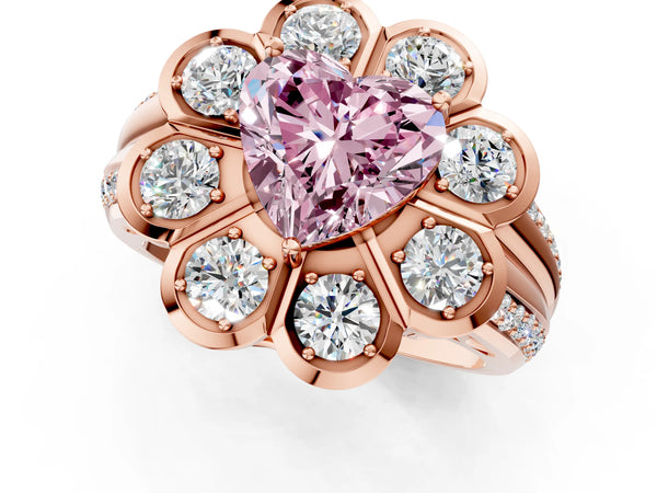 Rose gold Fancy Pink Heart  Brilliant Flower Halo Diamond Split Shank Ring