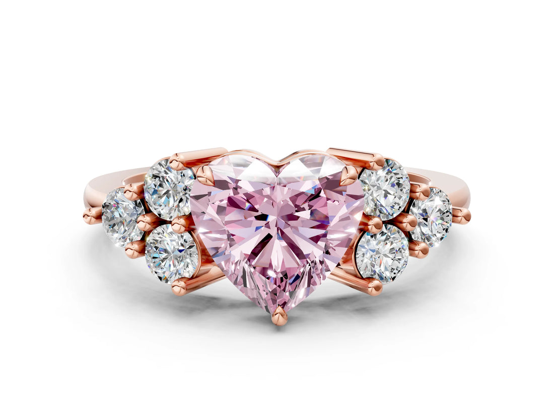 Rose gold Fancy Pink Heart Cut Brilliant Diamond Cluster Accent Solitaire Ring with Prong Setting