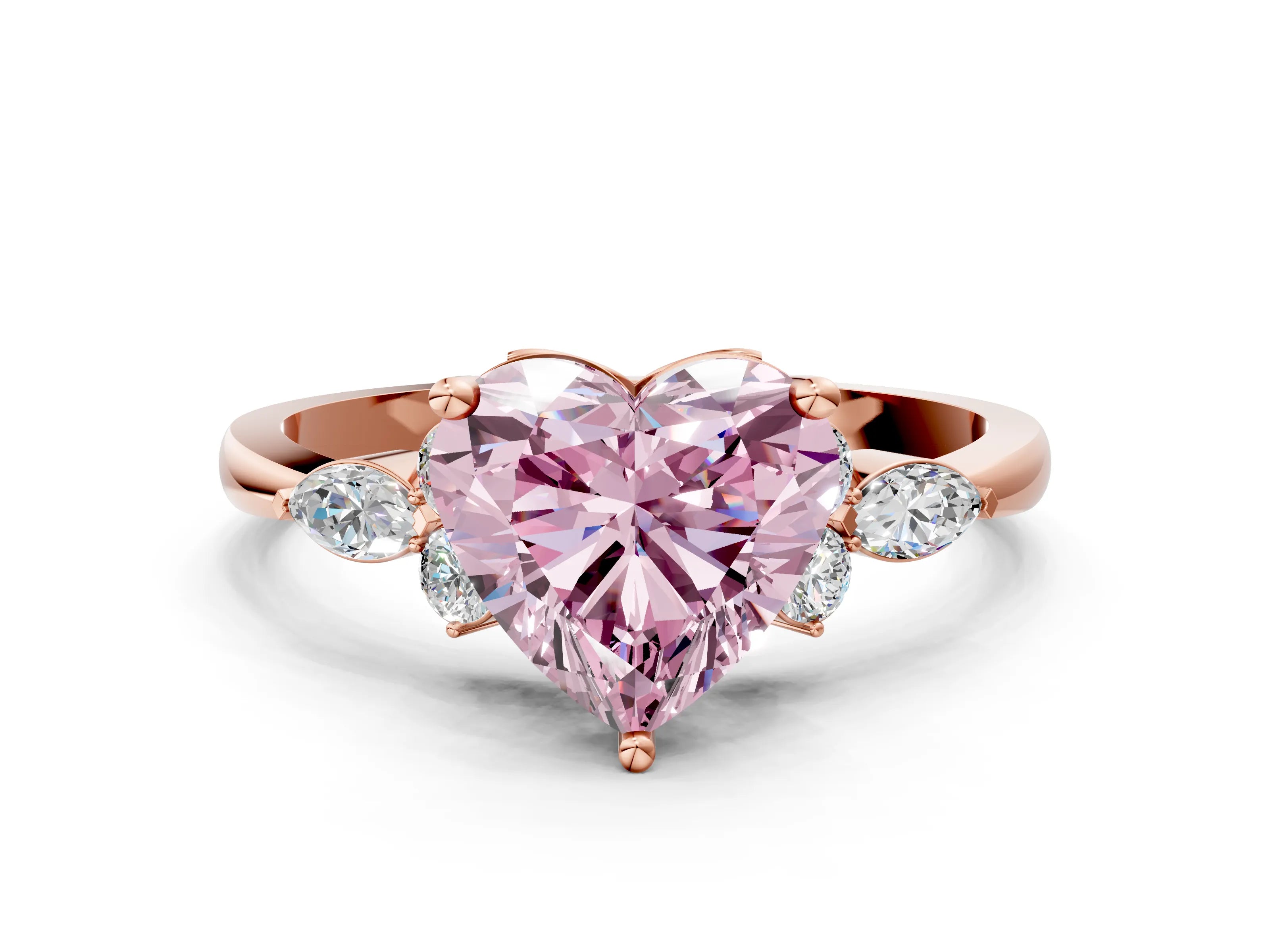 Rose gold Fancy Pink Heart Cut Brilliant Diamond Solitaire Ring with Pear Side Stones and Four-Prong Setting_3