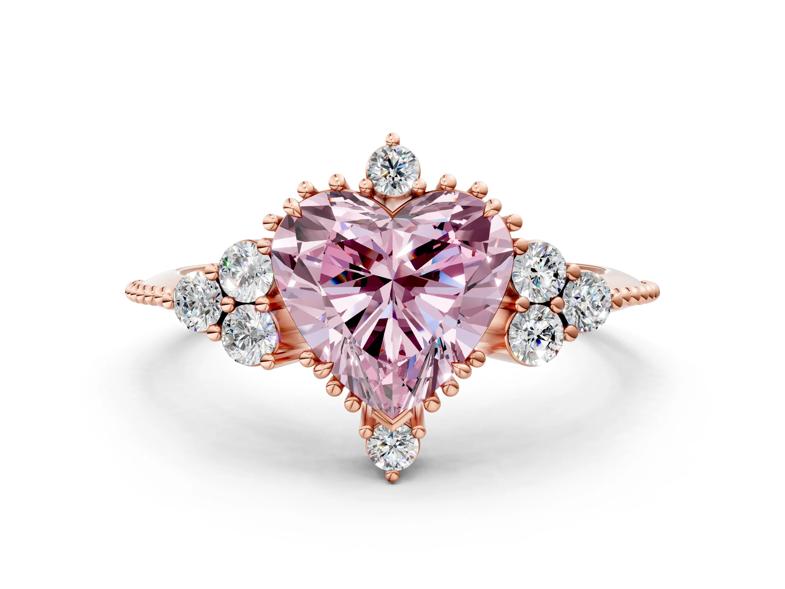 Rose gold Fancy Pink Heart Cut Brilliant Diamond with Cluster Setting on a Beaded Band and Four-Prong Setting