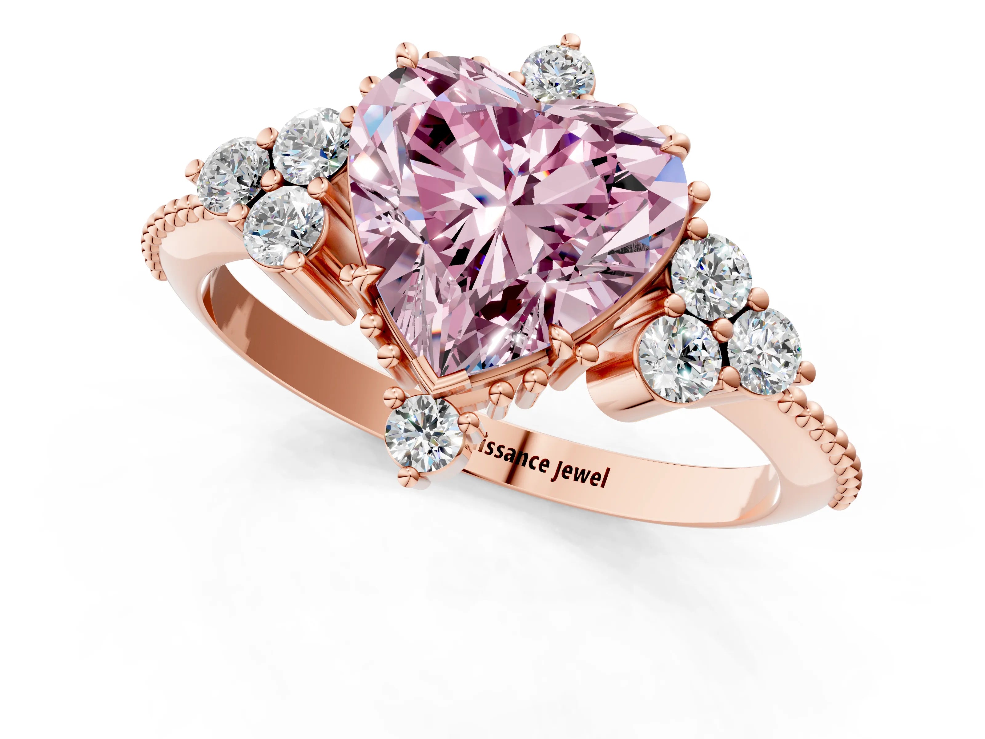 Rose gold Fancy Pink Heart Cut Brilliant Diamond with Cluster Setting on a Beaded Band and Four-Prong Setting_1