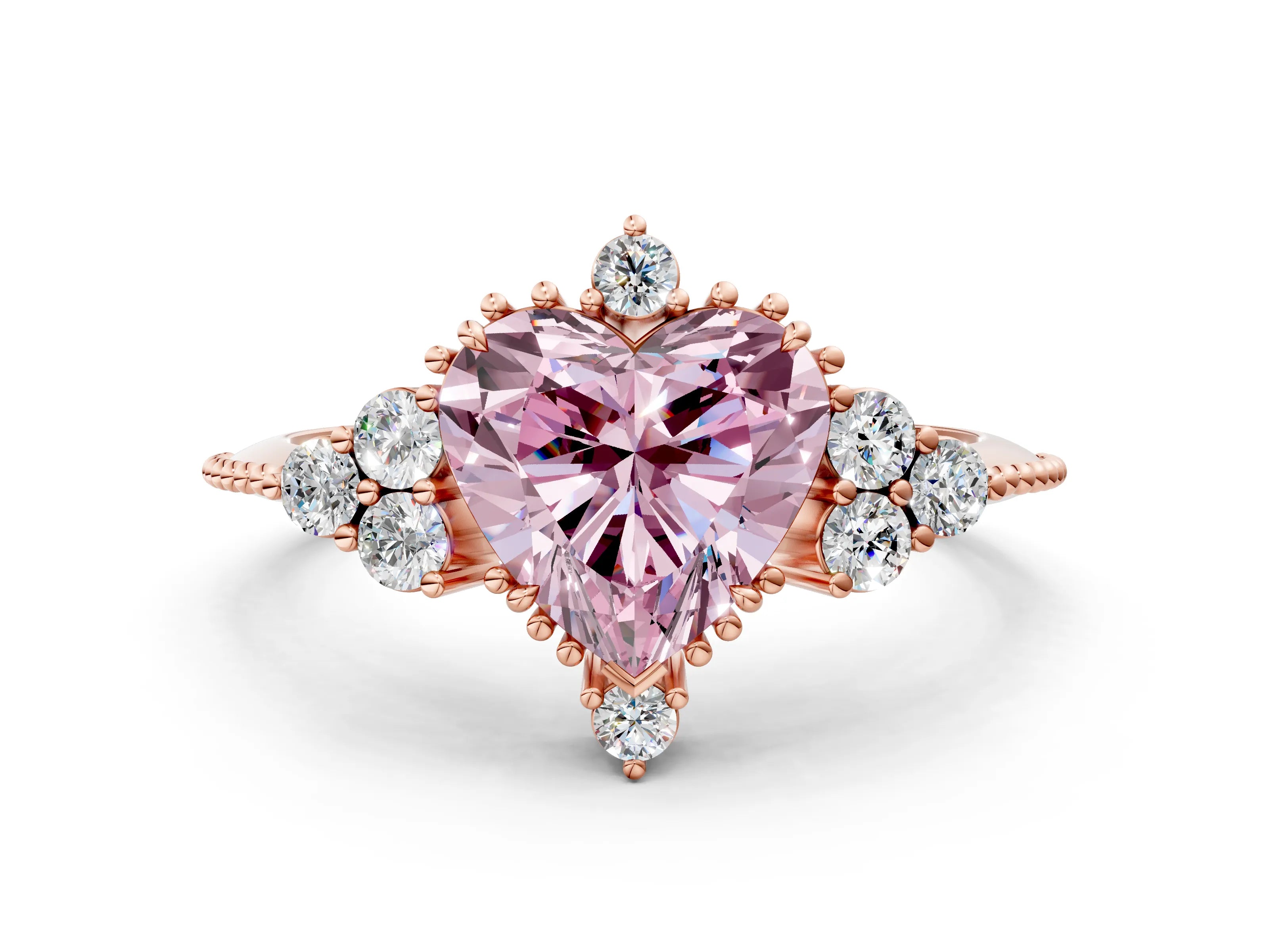Rose gold Fancy Pink Heart Cut Brilliant Diamond with Cluster Setting on a Beaded Band and Four-Prong Setting_12