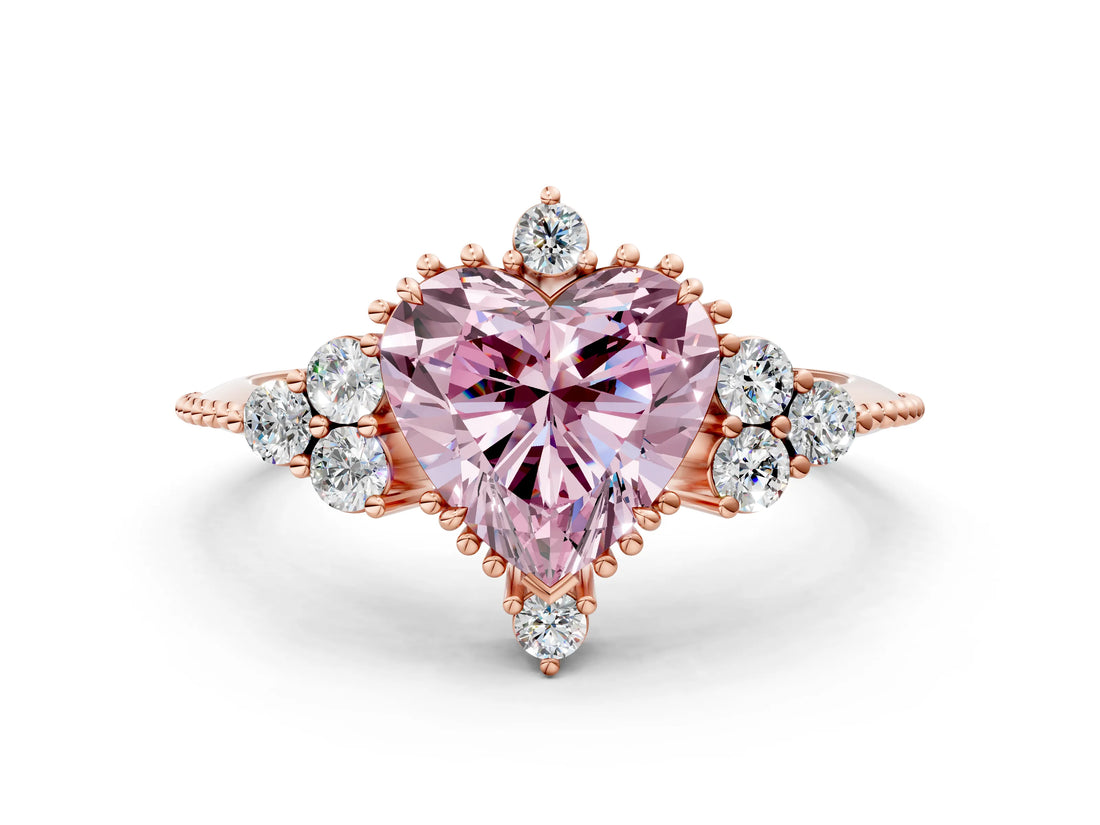 Rose gold Fancy Pink Heart Cut Brilliant Diamond with Cluster Setting on a Beaded Band and Four-Prong Setting_12