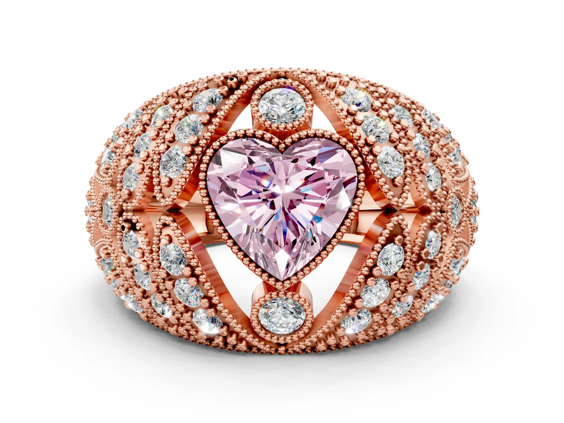 Rose gold Fancy Pink Heart Cut Brilliant Halo Pave Diamond Milgrain Ring