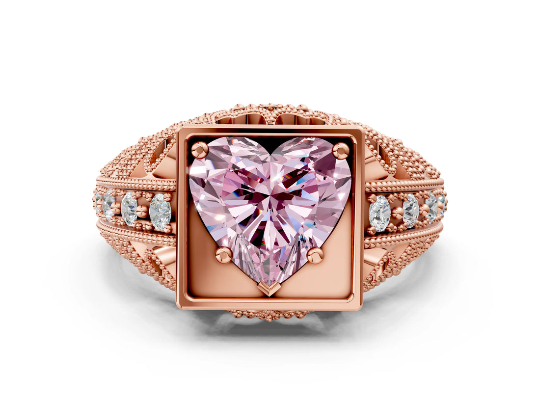 Rose gold Fancy Pink Heart Cut Brilliant Milgrain Filigree Diamond Ring with Square Prong Setting