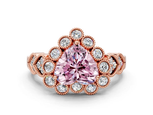 Rose gold Fancy Pink Heart Cut Brilliant Milgrain Pave Heart Band Solitaire Ring