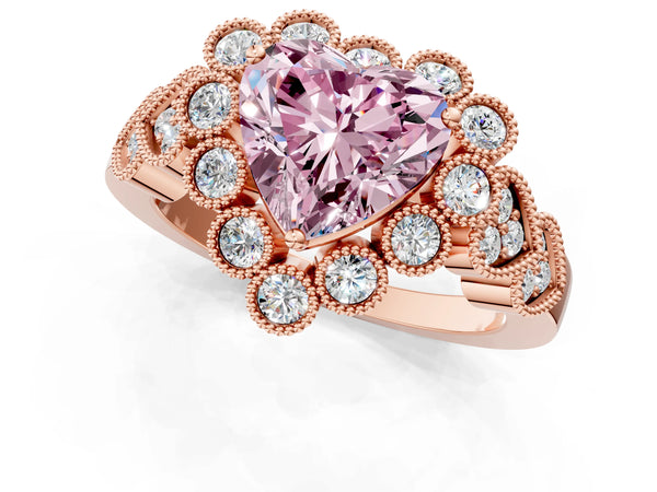 Rose gold Fancy Pink Heart Cut Brilliant Milgrain Pave Heart Band Solitaire Ring