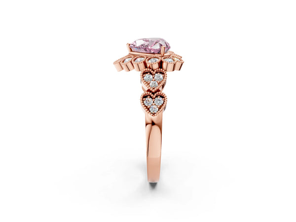 Rose gold Fancy Pink Heart Cut Brilliant Milgrain Pave Heart Band Solitaire Ring