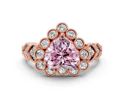 Rose gold Fancy Pink Heart Cut Brilliant Milgrain Pave Heart Band Solitaire Ring