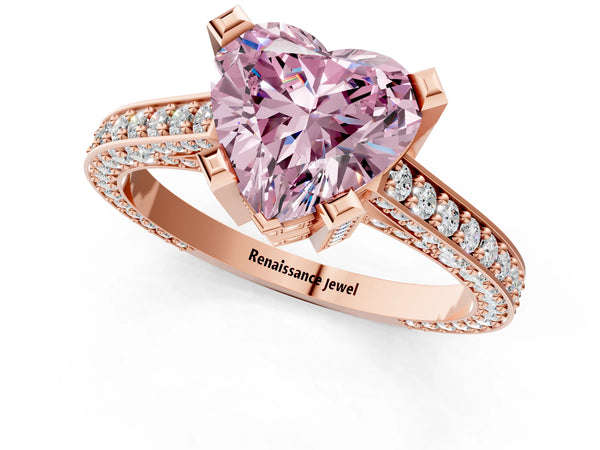 Rose gold Fancy Pink Heart Cut Brilliant Split Shank Pave Solitaire Ring with Four-Prong Setting
