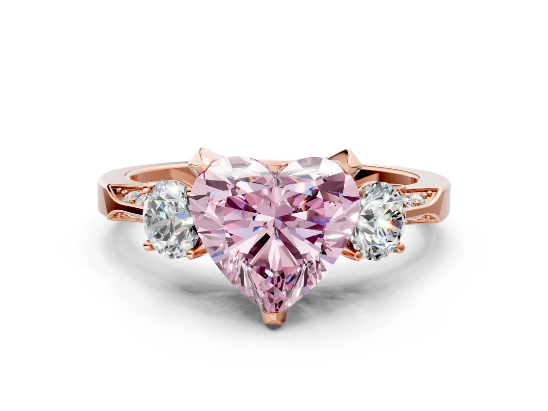 Rose gold Fancy Pink Heart Cut Brilliant Three-Stone Diamond Ring with Pavé Band and Four-Prong Setting_3