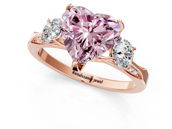 Rose gold Fancy Pink Heart Cut Brilliant Three-Stone Diamond Ring with Pavé Band and Four-Prong Setting
