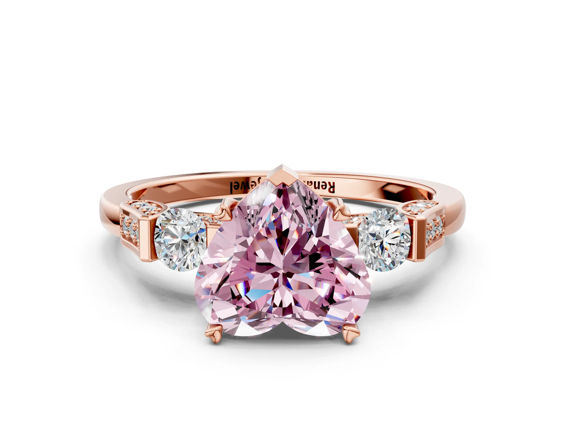 Rose gold Fancy Pink Heart Cut Brilliant Three-Stone Pave Band with Four-Prong Setting