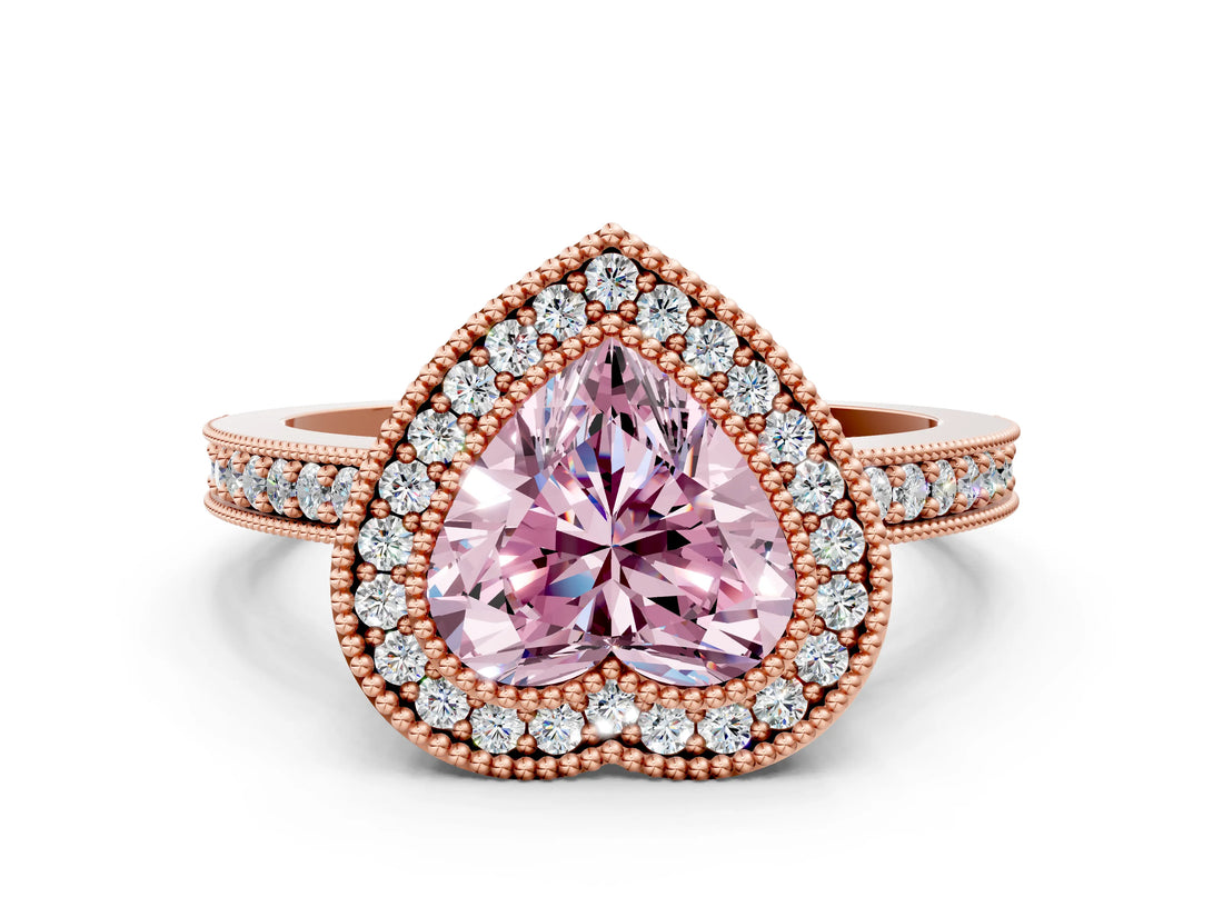 Rose gold Fancy Pink Heart Cut-Cut Diamond Halo Engagement Ring with Pave Band and Prong Setting