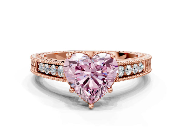 Rose gold Fancy Pink Heart Cut Cut Diamond Milgrain Pave Band Four-Prong Setting Ring