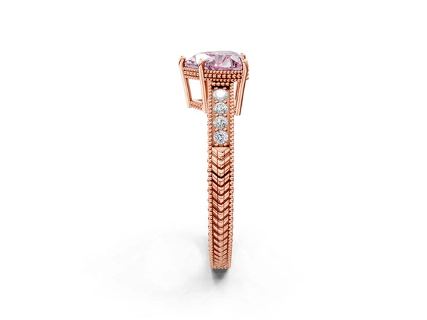 Rose gold Fancy Pink Heart Cut Cut Diamond Milgrain Pave Band Four-Prong Setting Ring