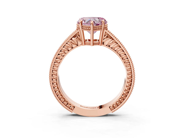 Rose gold Fancy Pink Heart Cut Cut Diamond Milgrain Pave Band Four-Prong Setting Ring